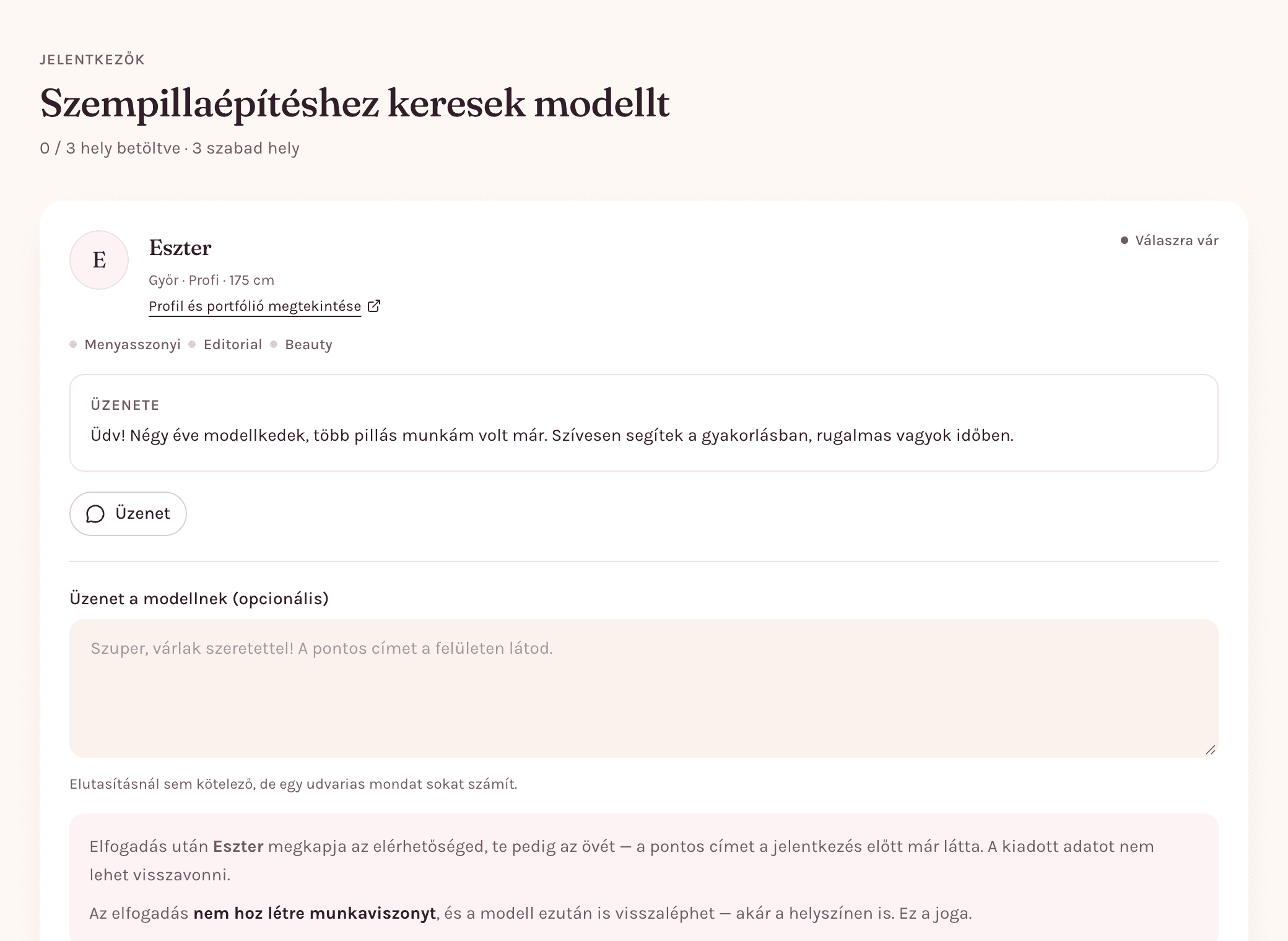 A jelentkezők oldala: egy modell neve, városa, tapasztalati szintje, az üzenete, és az elfogadás vagy elutasítás gombja.