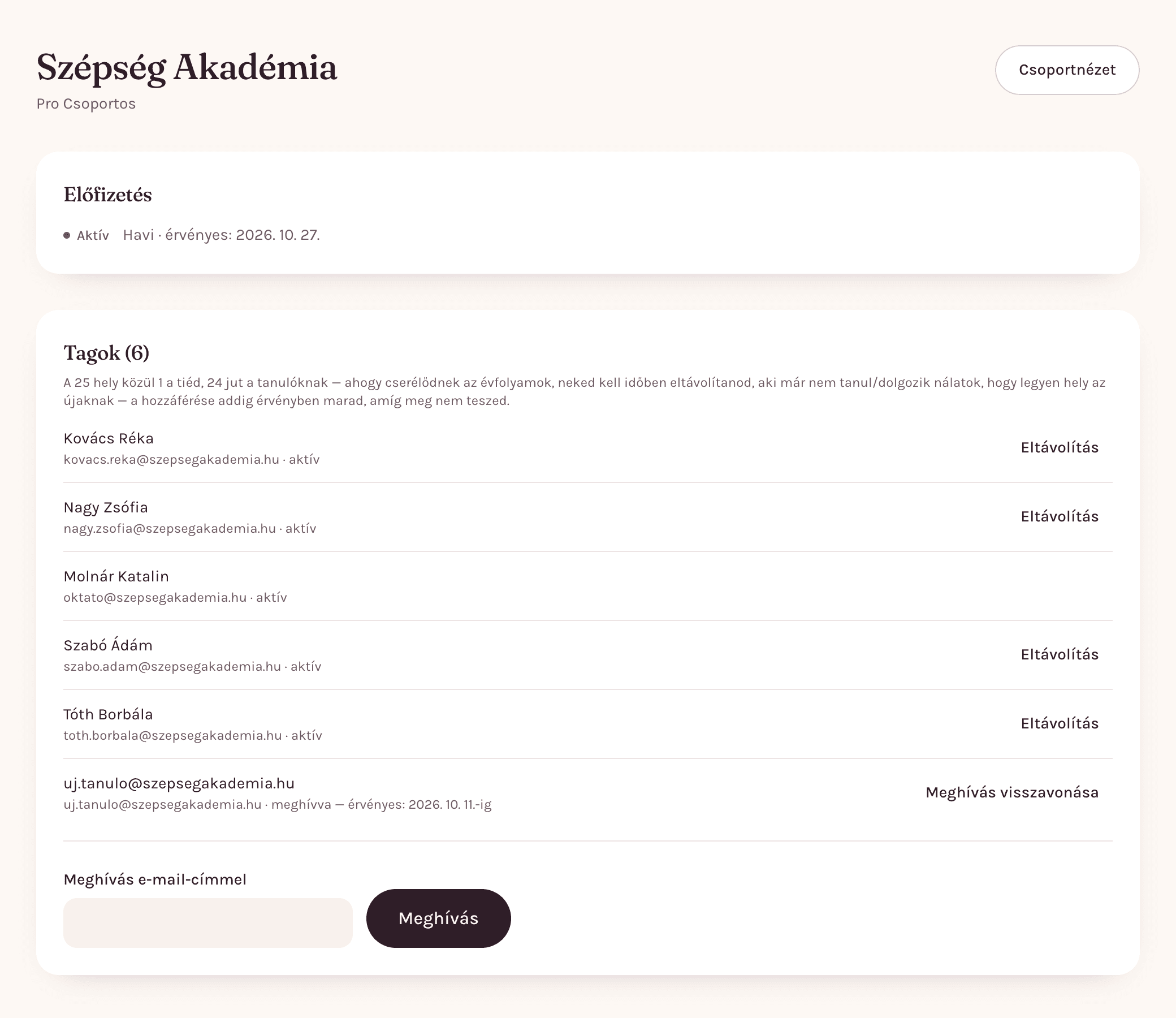 A szervezet oldala: az előfizetés állapota, a tagok listája e-mail címmel és állapottal, egy függőben lévő meghívó, és egy mező új tanuló meghívásához.